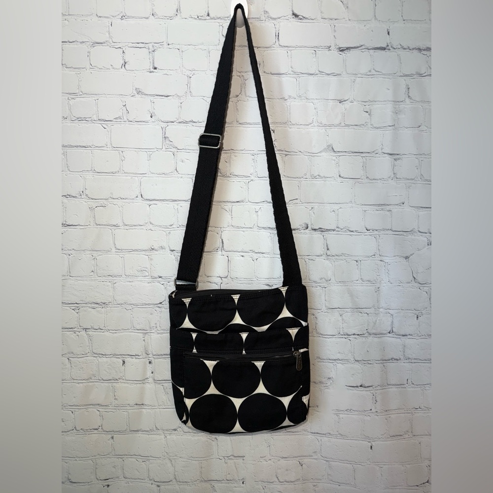 thirty-one white with large black dots crossbody canvas  bag